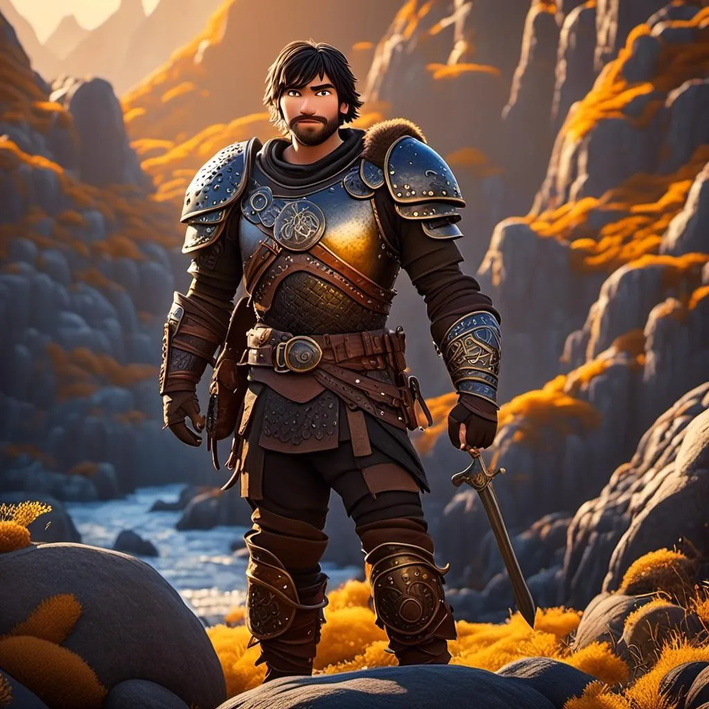 Prompt: <mymodel>CGI Animation of a viking male, black short wavy hair, hazel eyes, bright orange gear and humble armor, yellow highlights and textures, full body picture, standing in a viking village, intricate details, high quality, digital painting, bright energetic tones, dramatic lighting