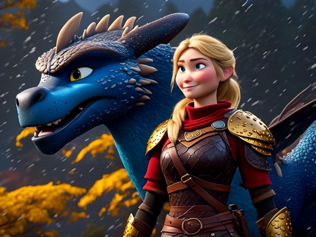 Prompt: <mymodel>CGi Animation, 20-year-old viking woman with blue eyes, a rainy scene, she is standing next to a bright blue dragon with gold highlights, they are both in the rain, the viking woman has a subtle smile, blonde hair in a ponytail style, she has blue gear, gold armor, black pants, black boots, unreal engine 8k octane, 3d lighting, full body, full armor