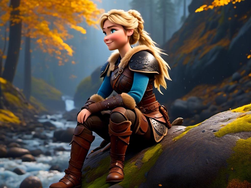 Prompt: <mymodel>CGi Animation, 20-year-old viking woman with blue eyes, she is wearing a helmet, a rainy scene, she is sitting on a boulder in a forest, the viking woman has a subtle smile with it pouring down rain, blonde hair in a ponytail style, she has blue gear, gold armor, black pants, black boots