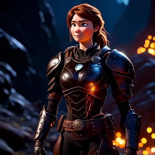 Prompt: <mymodel>25-year-old viking woman, subtle smile, light blue eyes, black gear, bright black armor, wearing an iron-man like suit of armor, black textures and highlights, standing in the shadows of the a dark cave at night, short focus, blurry background, moonlit scene, unreal engine 8k octane, 3d lighting, full body, full armor