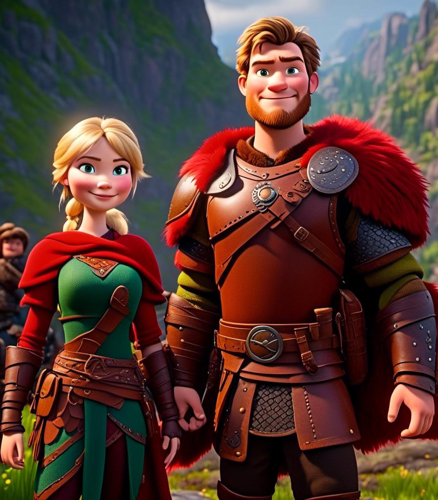 Prompt: <mymodel>CGI Animation, digital art, 20-year-old-old viking woman with light blue eyes and blonde hair standing with her older brother and younger sister, older brother has brown hair and green eyes, her younger sister has brunette hair and brown eyes, the viking woman has red clothes, blue colored armor, blonde straight hair, subtle smile, unreal engine 8k octane, 3d lighting, full armor