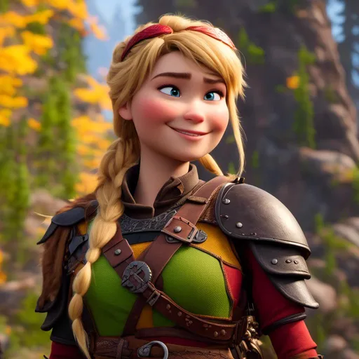 Prompt: <mymodel>CGi Animation, 20-year-old viking woman with one hair braid, subtle smile, blonde hair, light blue eyes, green gear, green armor, yellow clothes, red textures and highlights, unreal engine 8k octane, 3d lighting, full body, full armor