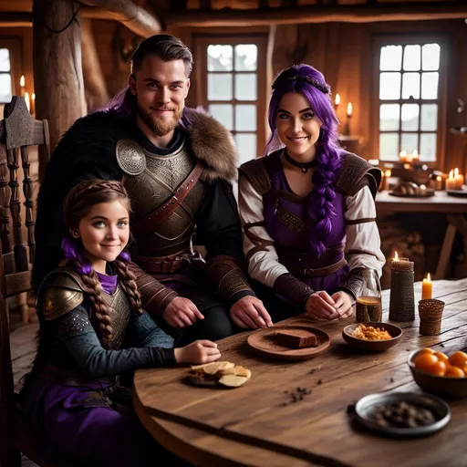 Prompt: Photo of a young <mymodel> sitting at the supper table with her husband a young Jarl Mollerson with short brown hair and no beard in their viking house