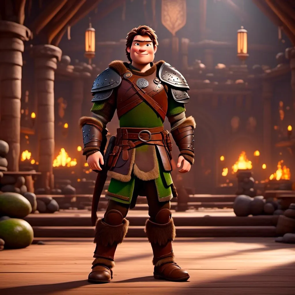 Prompt: <mymodel> viking man, lawyer, thin, small stature, standing in The Great Hall, medium length brown hair, angry smile, brown eyes, no armor, European-like brown gear, brown leather vest, long sleeve green shirt underneath the brown leather vest, black highlights on his clothes, brown pants, brown boots, historical, strong and natural lighting