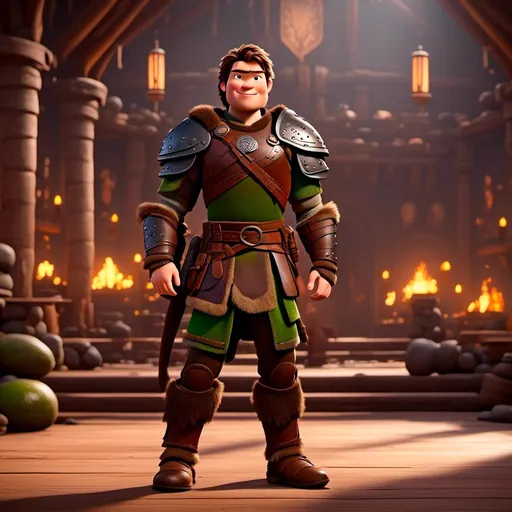 Prompt: <mymodel> viking man, lawyer, thin, small stature, standing in The Great Hall, medium length brown hair, angry smile, brown eyes, no armor, European-like brown gear, brown leather vest, long sleeve green shirt underneath the brown leather vest, black highlights on his clothes, brown pants, brown boots, historical, strong and natural lighting