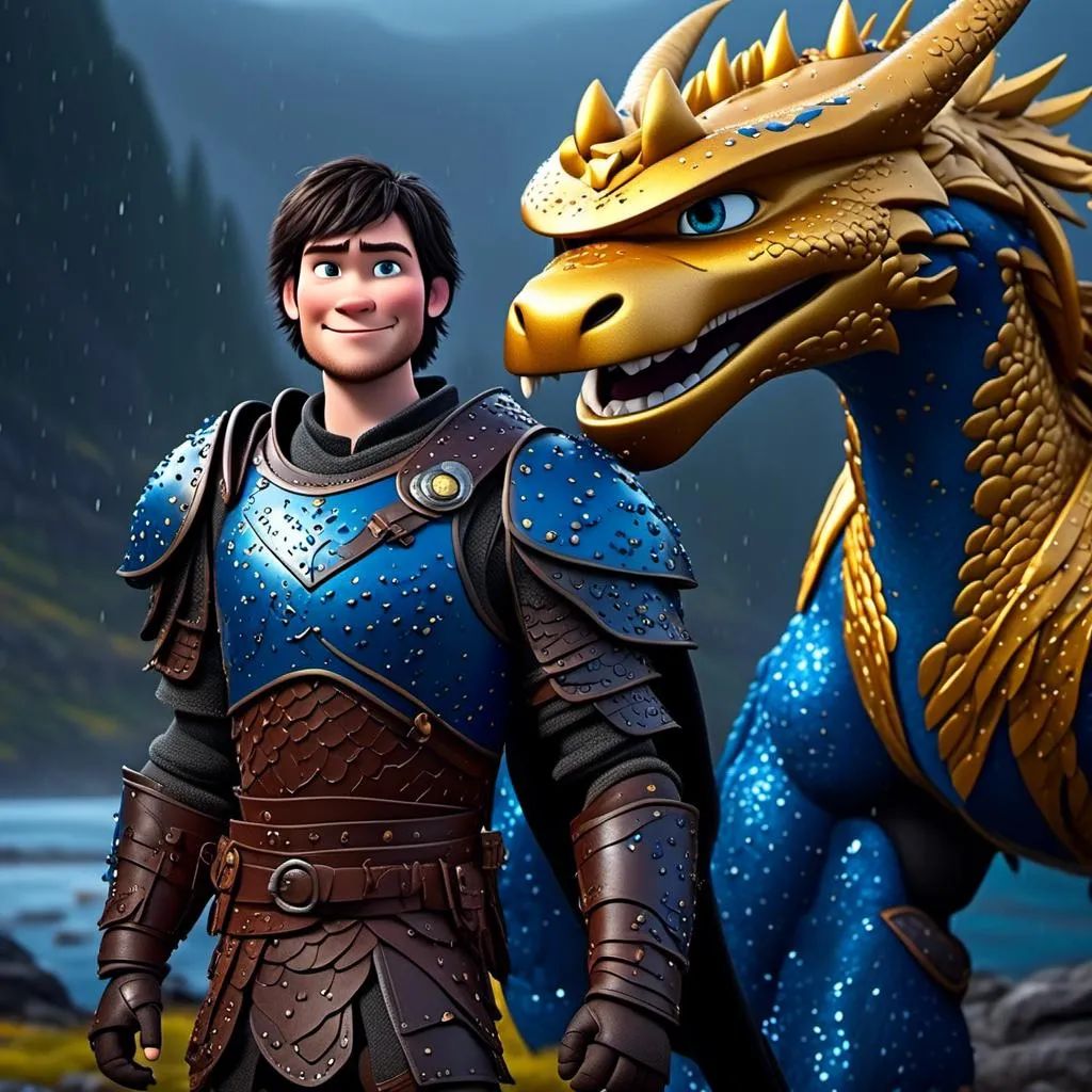 Prompt: <mymodel>CGi Animation, 20-year-old viking man with blue eyes, a rainy scene, the viking man has a subtle smile, black hair, he has blue gear, gold armor, black pants, black boots, he is standing next to a bright blue dragon with gold highlights, they are both in the rain, 