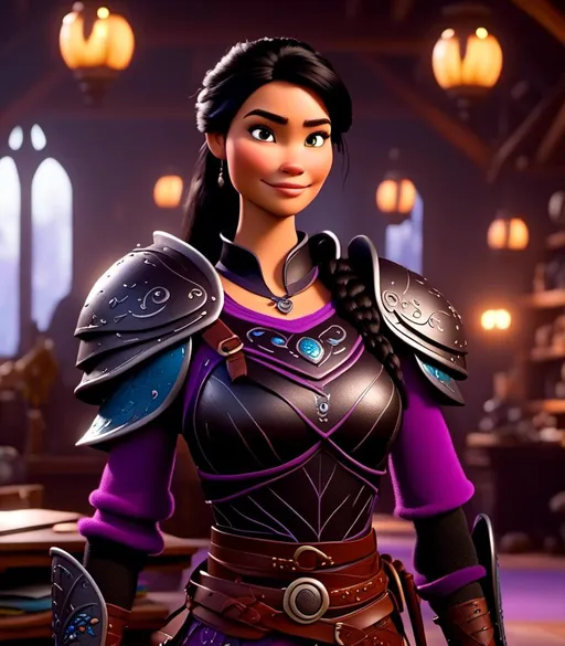 Prompt: <mymodel>CGI Animation, digital art, 20-year-old-old viking woman with light blue eyes, she is standing in her library, she is of royalty, {{black gear, purple armor}}, black hair with purple strands, single braid down her shoulder with a tiara, subtle smile, unreal engine 8k octane, 3d lighting, close up camera shot on the face, full armor