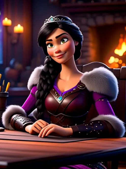 Prompt: <mymodel>CGI Animation, digital art, 20-year-old-old viking woman of royalty sitting at a desk in her home in the living room next to the fireplace, light blue eyes, {{black gear, purple armor}}, black hair, single braid down her shoulder with a tiara, subtle smile, unreal engine 8k octane, 3d lighting, close up camera shot on the face, full armor