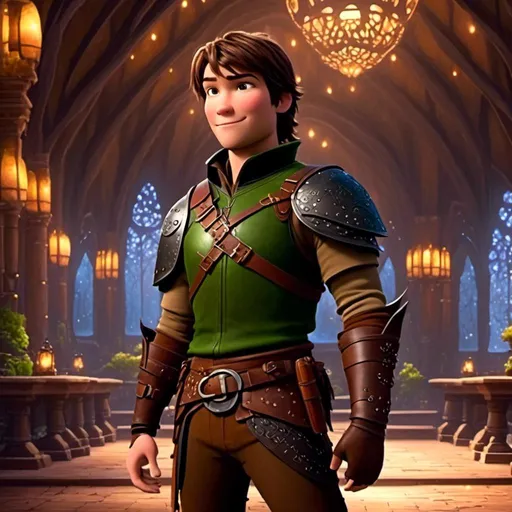 Prompt: <mymodel> viking man, lawyer, thin, small stature, standing in The Great Hall, medium length brown hair, brown eyes, no armor, European-like brown gear, brown leather vest, long sleeve green shirt underneath the brown leather vest, black highlights on his clothes, brown pants, brown boots, historical, strong and natural lighting