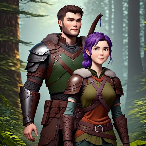 Prompt: <mymodel>Photo of  standing in the forest with his wife Annabeth  who is slightly shorter and has purple hair with a single hair braid down her shoulder