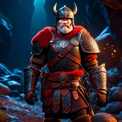 Prompt: <mymodel>Animated CGI style, male viking with a helmet, bright colored armor and gear, standing in a dimily lit cave, realistic textures, high quality, vibrant color palette, atmospheric lighting