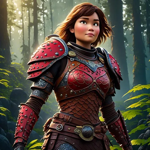 Prompt: <mymodel>CGI Animation of a viking female, brown hair in her face, hazel eyes, bright red gear and light armor, yellow highlights and textures, full light body armor, she has heavy gauntlets on her hands with armored gloves, standing in a dense forest, intricate details, high quality, digital painting, cool tones, dramatic lighting