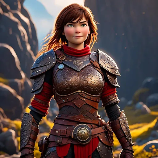 Prompt: <mymodel>CGI Animation of a viking female, brown hair in her face, hazel eyes, bright red gear and armor, she has heavy gauntlets on her hands with armored gloves, yellow highlights and textures, standing in a viking village, intricate details, high quality, digital painting, cool tones, dramatic lighting