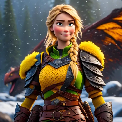Prompt: <mymodel>CGi Animation, 20-year-old viking woman with one hair braid, rainy scene, subtle smile, blonde hair, blue eyes, green gear, green armor, yellow clothes, she is standing next to a blue dragon, yellow textures and highlights, unreal engine 8k octane, 3d lighting, full body, full armor