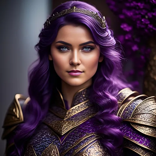 Prompt: Photo of <mymodel> in her suit of dragon-scale armor, single strand of braided hair draped over her right shoulder, rest of her hair is down her back