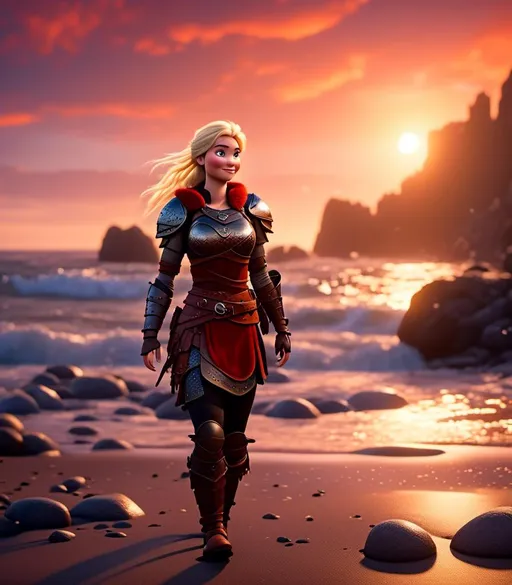 Prompt: <mymodel>CGI Animation, digital art, 20-year-old-old viking woman with blue eyes standing around several hot springs on a beach, blue clothes, blue colored armor, sunset lighting, blonde straight hair, subtle smile, unreal engine 8k octane, 3d lighting, cinematic lighting, camera shot of full armor from head to toe