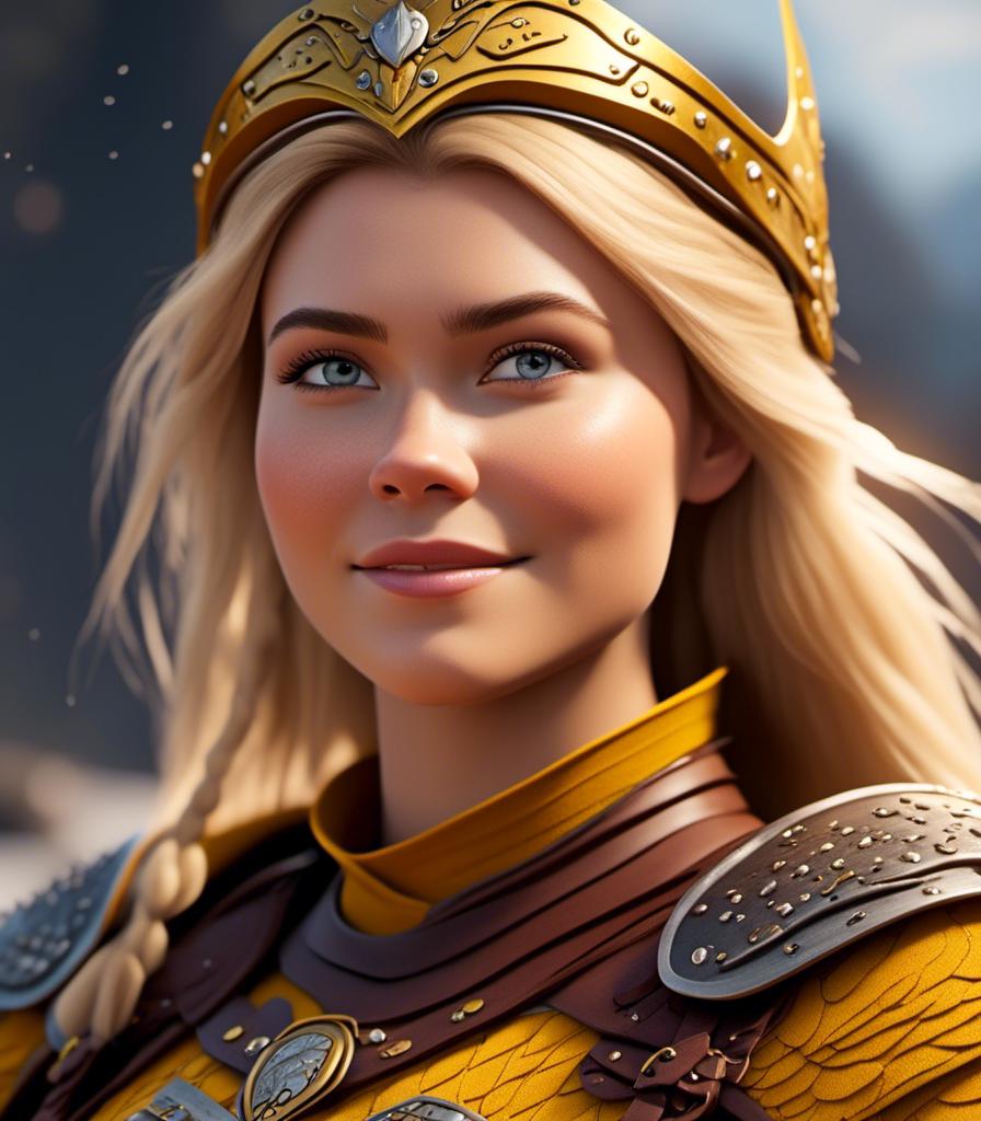 Prompt: <mymodel>CGI Animation, digital art, 20-year-old-old viking woman with light blue eyes, yellow clothes, gold colored armor, blonde straight hair, a mask on her eyes, subtle smile, unreal engine 8k octane, 3d lighting, close up camera shot on the face, full armor