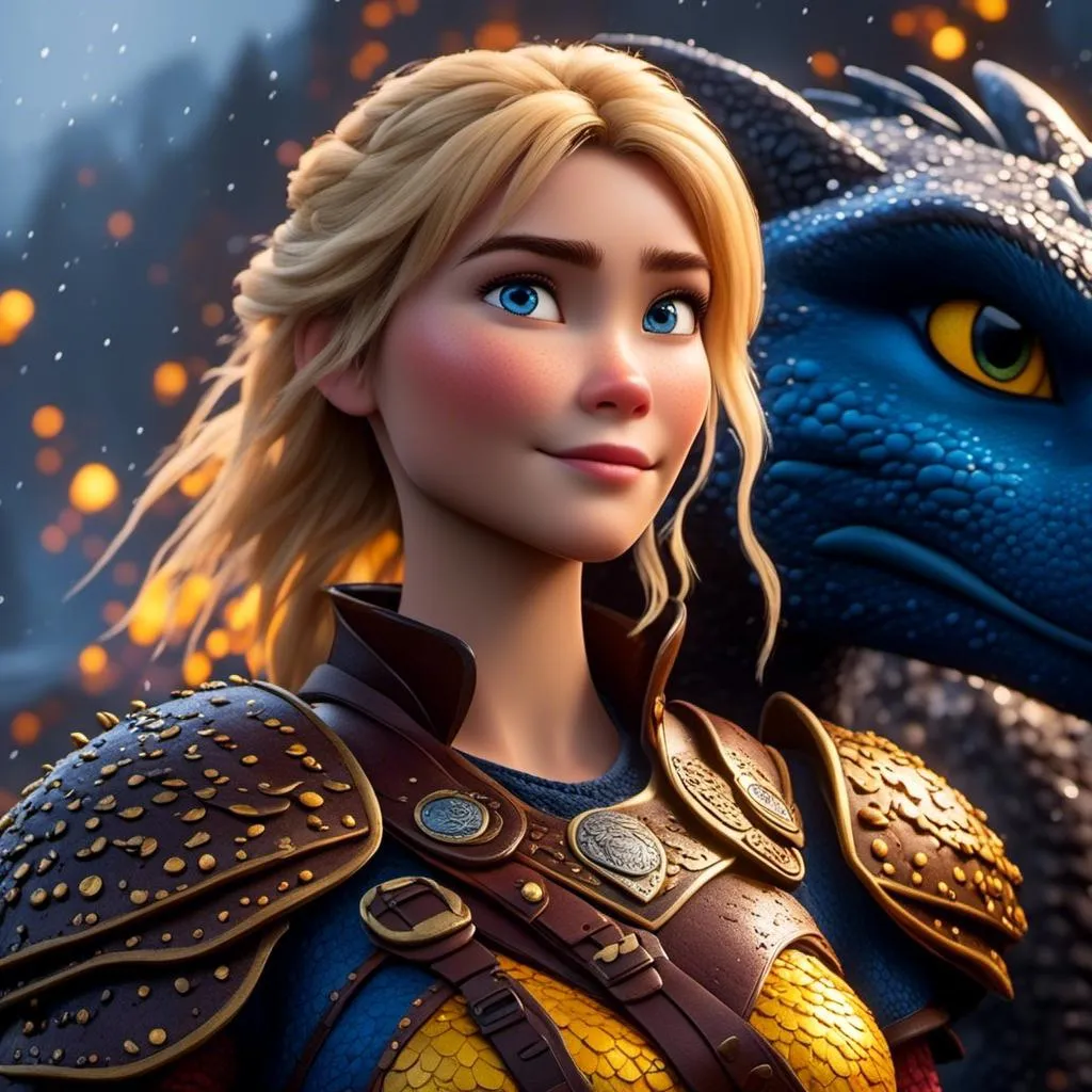 Prompt: <mymodel>CGi Animation, 20-year-old viking woman with blue eyes, a rainy scene, she is standing next to a bright blue dragon with gold highlights, they are both in the rain, the viking woman has a subtle smile, blonde hair, she has blue gear, gold armor, black pants, black boots, unreal engine 8k octane, 3d lighting, full body, full armor