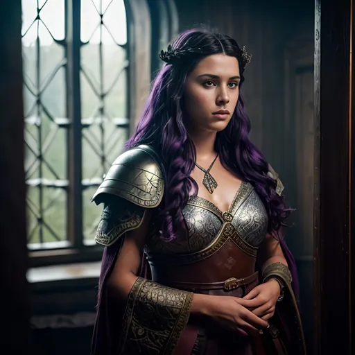 Prompt: create most beautiful fictional female viking princess, (((dark purple hair))), extremely detailed environment, detailed background, intricate, detailed skin, professionally color graded, photorealism, 8k, moody lighting