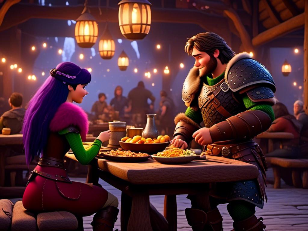 Prompt: <mymodel>CGI Animation, digital art, 20-year-old-old viking woman of royalty standing a busy tavern having a meal with her husband Jarl, Jarl is clean shaven, {{the woman has purple armor}}, black hair, straight hair with a tiara, subtle smile, Jarl has green armor and brown gear, unreal engine 8k octane, 3d lighting, close up camera shot on the face, full armor