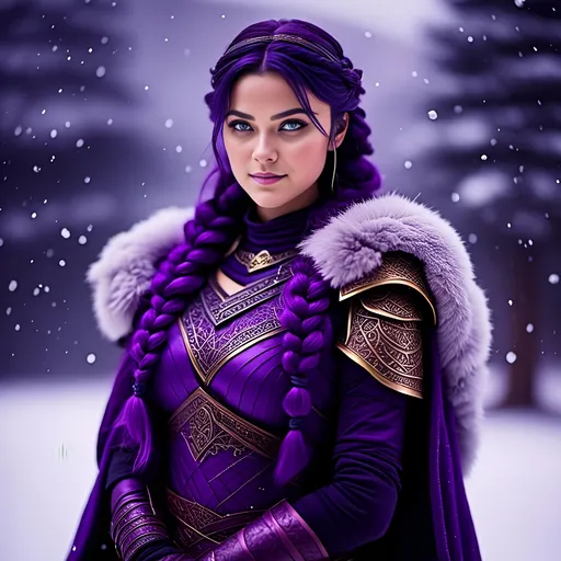 Prompt: A photo of <mymodel> with a heavy purple fur tunic in the snow, ((she has a single hair braid down her shoulder))