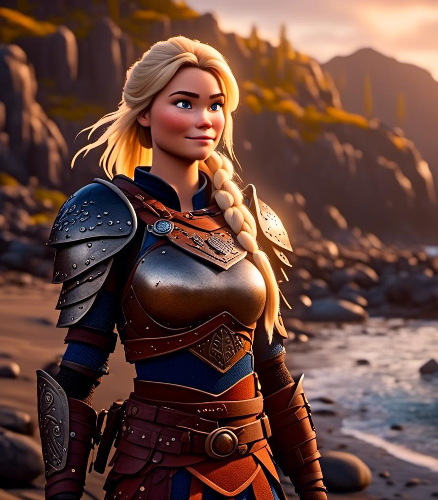 Prompt: <mymodel>CGI Animation, digital art, 20-year-old-old viking woman with blue eyes standing around several hot springs on a beach, sunset lighting, blue clothes, blue colored armor blonde straight hair, subtle smile, unreal engine 8k octane, 3d lighting, cinematic lighting, camera shot of full armor from head to toe