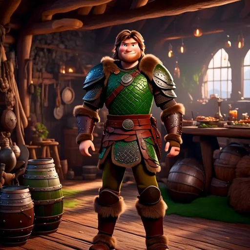 Prompt: <mymodel>Male viking warrior, standing in viking house, brown semi-wavy hair, green eyes, green armor, brown gear, brown pants, brown boots, historical, strong and natural lighting