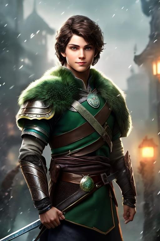 Prompt: he has short brown hair, with a smile, create most handsome fictional male prince viking warrior, short brown hair, light green eyes, extremely detailed environment, detailed background, intricate, detailed skin, professionally color graded, photorealism, 16k, moody lighting