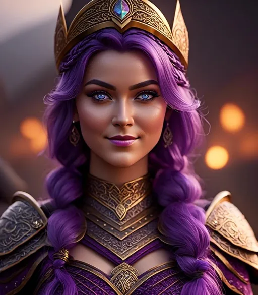 Prompt: <mymodel>CGI Animation, digital art, 20-year-old-old viking woman with light blue eyes, she is overjoyed, purple hair with purple strands, single braid down her shoulder with a tiara, unreal engine 8k octane, 3d lighting, close up camera shot on the face, full armor