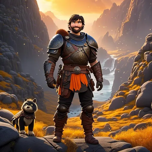 Prompt: <mymodel>CGI Animation of a viking male, black short wavy hair, hazel eyes, bright orange gear and humble armor, yellow highlights and textures, full body picture, standing in a viking village, intricate details, high quality, digital painting, bright energetic tones, dramatic lighting