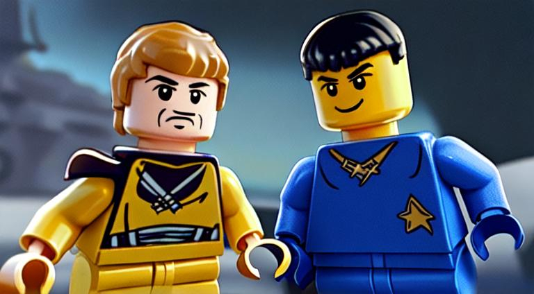 Prompt: Lego Captain Kirk from Star Trek on the bridge of the Enterprise along with Lego Spock
