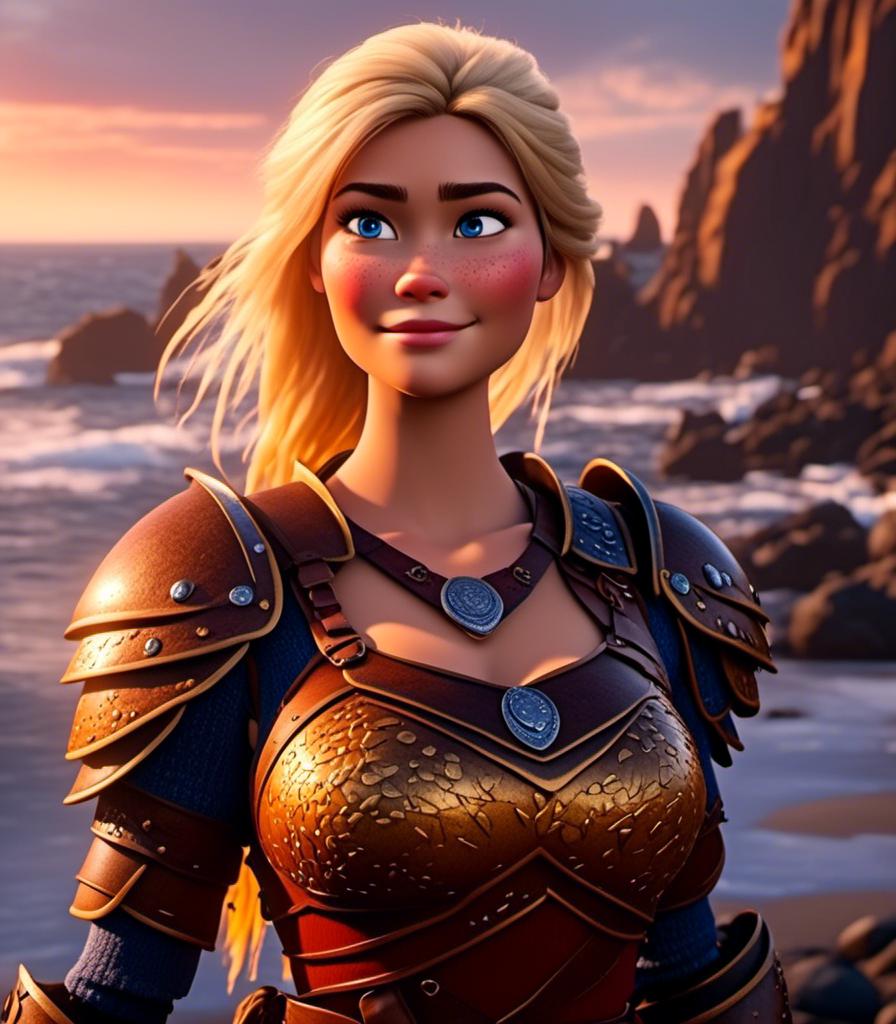 Prompt: <mymodel>CGI Animation, digital art, 20-year-old-old viking woman with blue eyes standing around several hot springs on a beach, sunset lighting, blue clothes, blue colored armor blonde straight hair, subtle smile, unreal engine 8k octane, 3d lighting, cinematic lighting, camera shot of full armor from head to toe