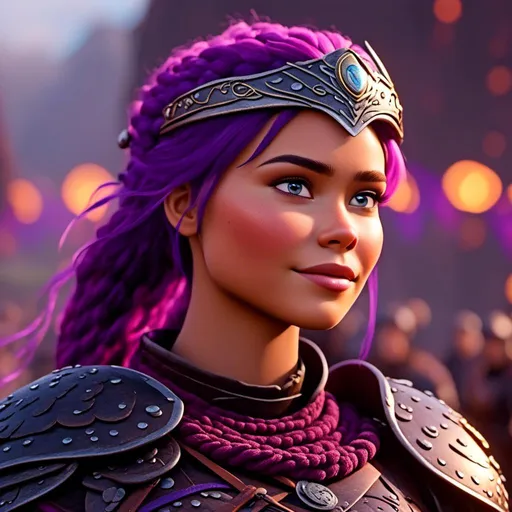 Prompt: <mymodel>CGI Animation, digital art, 20-year-old-old viking woman with light blue eyes, standing in a battle arena at the ready, purple hair with purple strands, single braid down her shoulder with a tiara, subtle smile, unreal engine 8k octane, 3d lighting, close up camera shot on the face, full armor