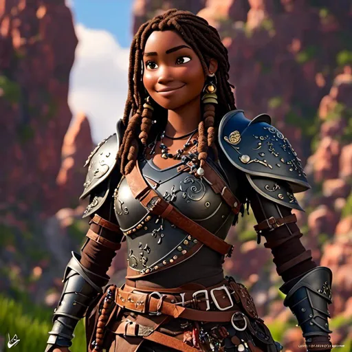 Prompt: <mymodel>CGI Animation, 20-year-old-old pirate woman, brown gear, silver armor, brunette hair, dreadlocks, subtle smile, beads hair, small red earrings, multiple braids, straight hair, blue eyes, bracelets, rings on fingers, mercenary gear, unreal engine 8k octane, 3d lighting, full body, full armor