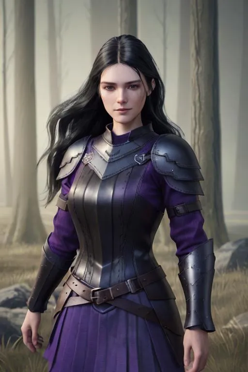 Prompt: Digital Art, 25-year-old viking woman, subtle smile, black straight hair, dark purple eyes, a dark purple long-sleeve shirt, textured skirt down to knees, dark purple pants, dark purple armor, long black hair with volume, middle part in hair, leather boots, dark purple gear, unreal engine 64k octane, hdr, 3d lighting, full body, full armor