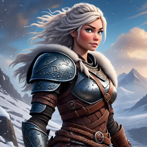 Prompt: <mymodel>digital art style of a fierce viking female warrior, detailed braided hair and battle scars, rugged and weathered armor, intense and determined gaze, snowy and rugged landscape, , fierce, warrior, detailed hair, battle scars, snowy landscape, intense gaze, weathered armor, dramatic lighting