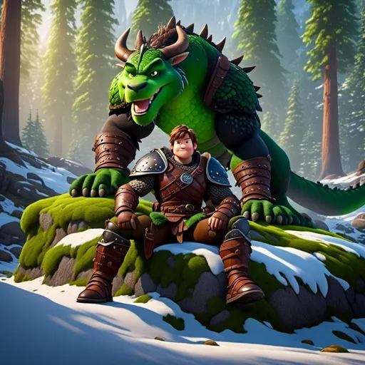 Prompt: <mymodel>Male viking warrior, thin and light muscle build, sitting on a boulder in the forest, there is a large green dragon next to him, short brown hair, green eyes, green armor, brown gear, brown pants, brown boots, historical, strong and natural lighting