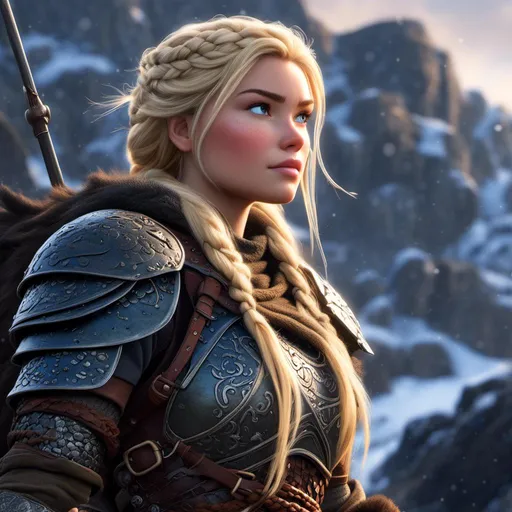 Prompt: <mymodel>animated CGI style, blonde hair, viking female warrior, detailed braided hair and battle scars, rugged and weathered armor, intense and determined gaze, snowy and rugged landscape, fierce, warrior, detailed hair, battle scars, snowy landscape, intense gaze, weathered armor, dramatic lighting