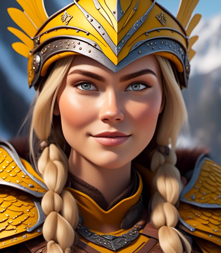 Prompt: <mymodel>CGI Animation, digital art, 20-year-old-old viking woman with light blue eyes, yellow mask over her eyes, yellow clothes, gold colored armor, blonde straight hair, subtle smile, unreal engine 8k octane, 3d lighting, close up camera shot on the face, full armor