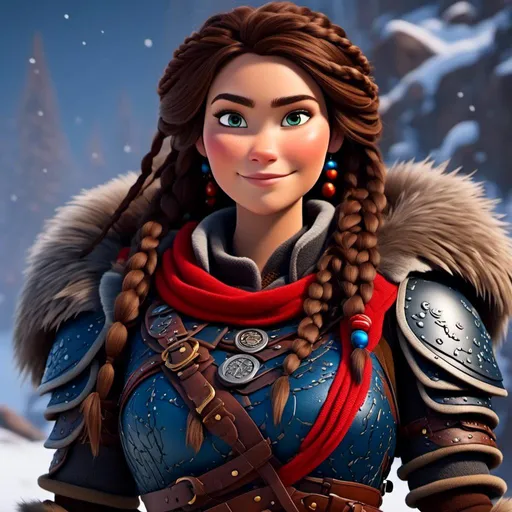 Prompt: <mymodel>CGI Animation, 20-year-old-old pirate woman, a snowy scene, {{brown gear, silver armor}}, brunette hair, dreadlocks, subtle smile, beads hair, small red earrings, multiple braids, straight hair, blue eyes, bracelets, rings on fingers, mercenary gear, unreal engine 8k octane, 3d lighting, full body, full armor