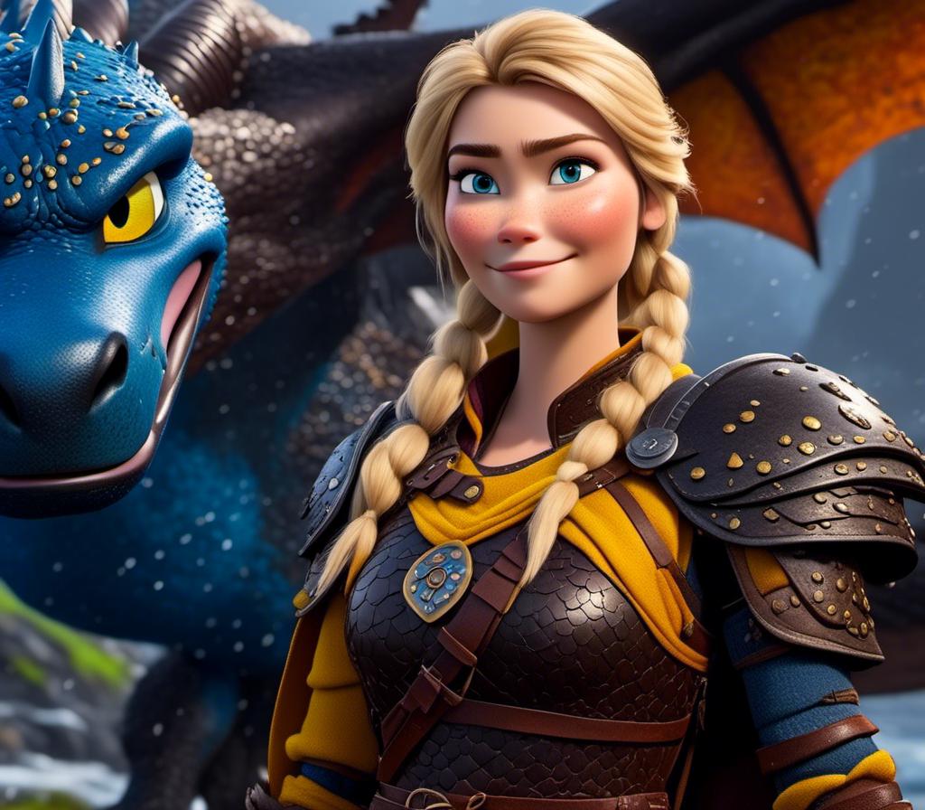 Prompt: <mymodel>CGi Animation, 20-year-old viking woman with blue eyes, a rainy scene, she is standing next to a bright blue dragon with gold highlights, they are both in the rain, the viking woman has a subtle smile, blonde hair in a ponytail style, she has blue gear, gold armor, black pants, black boots, unreal engine 8k octane, 3d lighting, full body, full armor