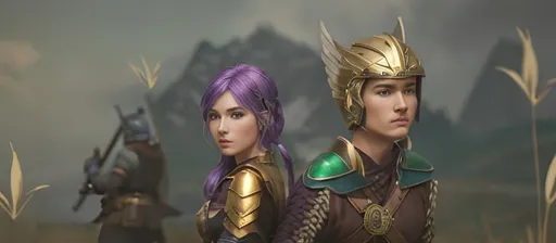 Prompt: create a female and male viking warriors, the female has purple hair and is holding and axe, her gear is black and silver.

The male has short brown hair with a gold helmet and holds a sword, his gear is shades of green with brown leather

They are in a grassy field