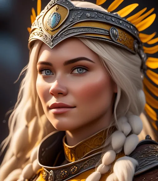 Prompt: <mymodel>CGI Animation, digital art, 20-year-old-old viking woman with light blue eyes, yellow clothes, gold colored armor, white hair, straight hair with a tiara and a mask on her eyes, subtle smile, unreal engine 8k octane, 3d lighting, close up camera shot on the face, full armor