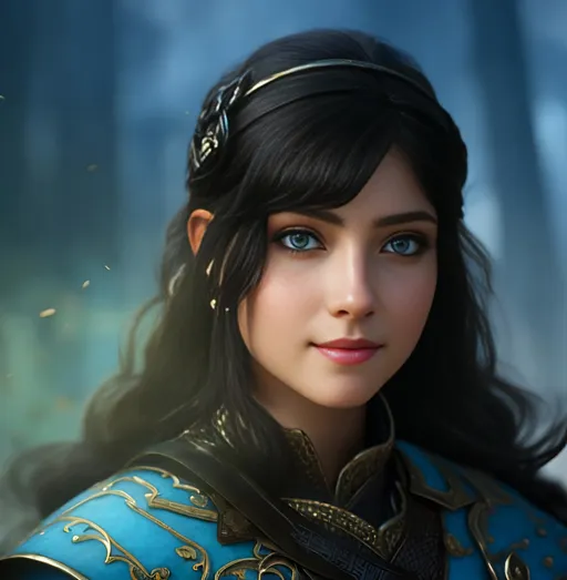 Prompt: she has black hair, create most beautiful fictional female princess viking warrior, hopeful smile, black hair, light blue eyes, extremely detailed environment, detailed background, intricate, detailed skin, professionally color graded, photorealism, 8k, moody lighting