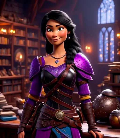 Prompt: <mymodel>CGI Animation, digital art, 20-year-old-old viking woman with light blue eyes, she is standing in her library, she is of royalty, {{black gear, purple armor}}, black hair with purple strands, single braid down her shoulder with a tiara, subtle smile, unreal engine 8k octane, 3d lighting, close up camera shot on the face, full armor