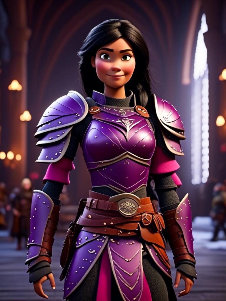 Prompt: <mymodel>CGI Animation, digital art, 20-year-old-old viking woman of royalty standing in The Great Hall on the Isle of Berk, {{purple gear, pink armor}}, black hair, straight hair with a tiara, subtle smile, unreal engine 8k octane, 3d lighting, close up camera shot on the face, full armor