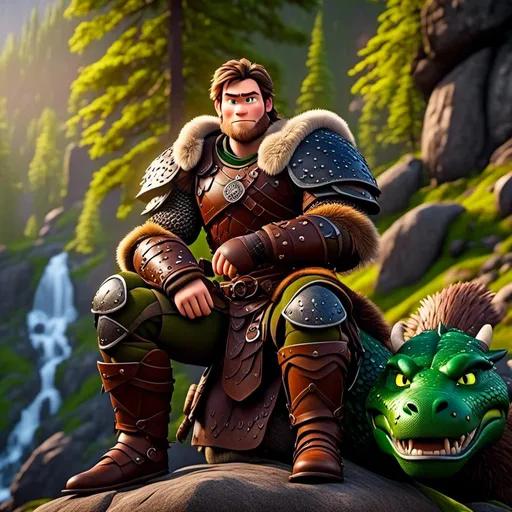 Prompt: <mymodel>Male viking warrior, thin and light muscle build, sitting on a boulder in the forest, there is a large green dragon with a flat body build standing next to the viking, viking has short brown hair, green eyes, green armor, brown gear, brown pants, brown boots, historical, strong and natural lighting, 8K octane, unreal engine