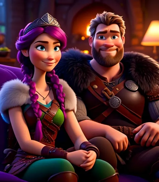 Prompt: <mymodel>CGI Animation, digital art, 20-year-old-old viking woman with light blue eyes, sitting on the couch in the living room next to her husband with brown hair and green gear, purple hair with purple strands, single braid down her shoulder with a tiara, subtle smile, unreal engine 8k octane, 3d lighting, close up camera shot on the face, full armor