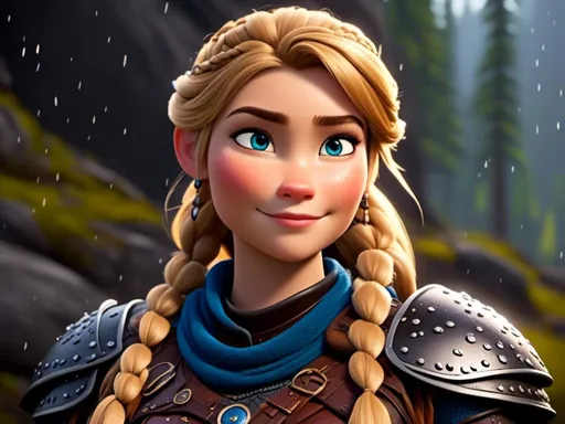 Prompt: <mymodel>CGi Animation, 20-year-old viking woman with blue eyes, she is wearing a helmet, a rainy scene, she is sitting on a boulder in a forest, the viking woman has a subtle smile with it pouring down rain, blonde hair in a ponytail style, she has blue gear, gold armor, black pants, black boots