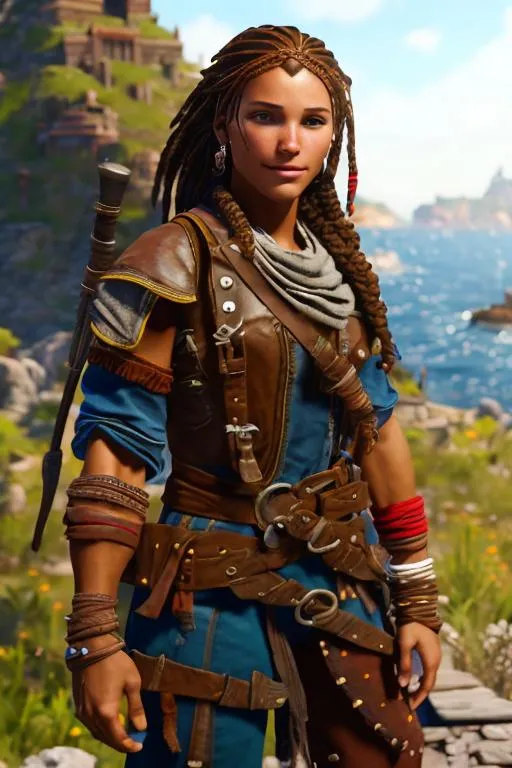 Prompt: Digital Art, 20-year-old pirate woman, red bandana around hair above forehead, muscular build, brown gear, brown pants, assassin's creed Odyssey armor, jeweled hair band, brunette hair, dreadlocks, subtle smile, beads hair, small red earrings, multiple braids, straight hair, blue eyes, bracelets, rings on fingers, mercenary gear, unreal engine 8k octane, 3d lighting, full body, full armor